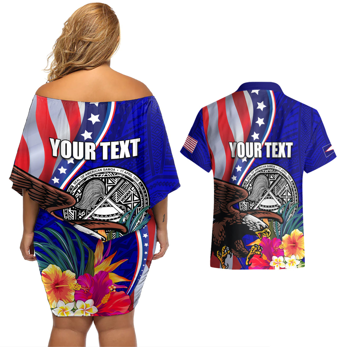 Personalised American Samoa and United States Couples Matching Off Shoulder Short Dress and Hawaiian Shirt Bald Eagle and Seal Hibiscus Polynesian Pattern - Wonder Print Shop