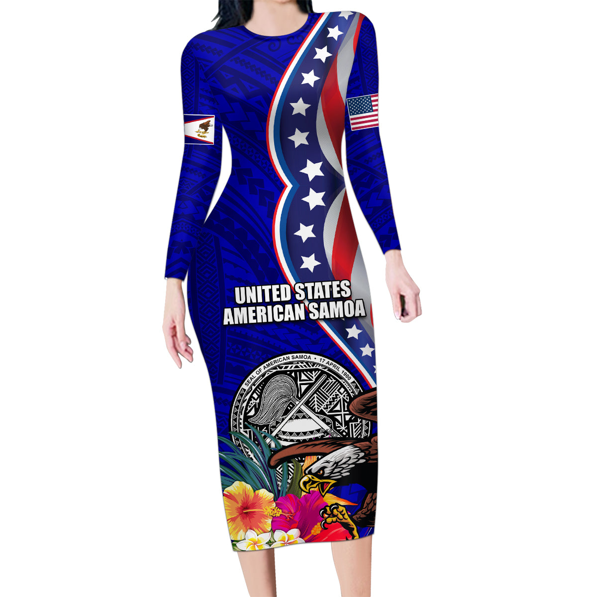 Personalised American Samoa and United States Family Matching Long Sleeve Bodycon Dress and Hawaiian Shirt Bald Eagle and Seal Hibiscus Polynesian Pattern - Wonder Print Shop