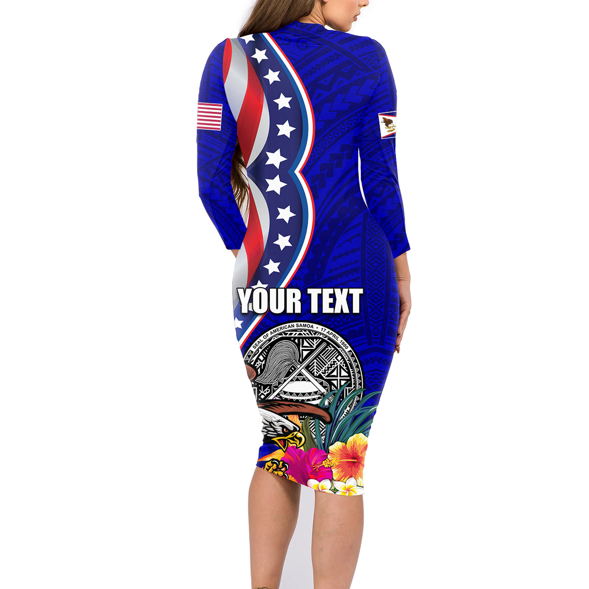 Personalised American Samoa and United States Family Matching Long Sleeve Bodycon Dress and Hawaiian Shirt Bald Eagle and Seal Hibiscus Polynesian Pattern - Wonder Print Shop