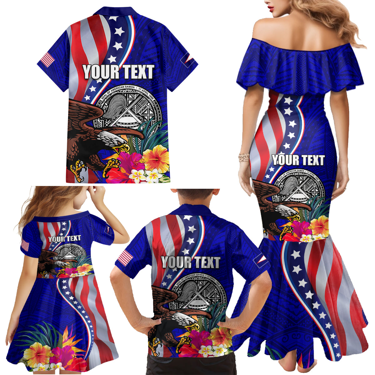 Personalised American Samoa and United States Family Matching Mermaid Dress and Hawaiian Shirt Bald Eagle and Seal Hibiscus Polynesian Pattern - Wonder Print Shop