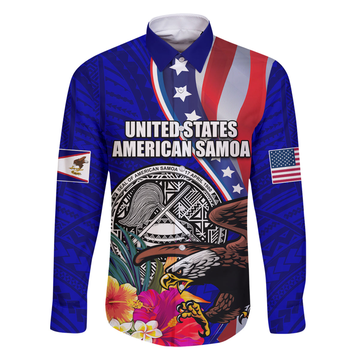 Personalised American Samoa and United States Family Matching Off The Shoulder Long Sleeve Dress and Hawaiian Shirt Bald Eagle and Seal Hibiscus Polynesian Pattern - Wonder Print Shop