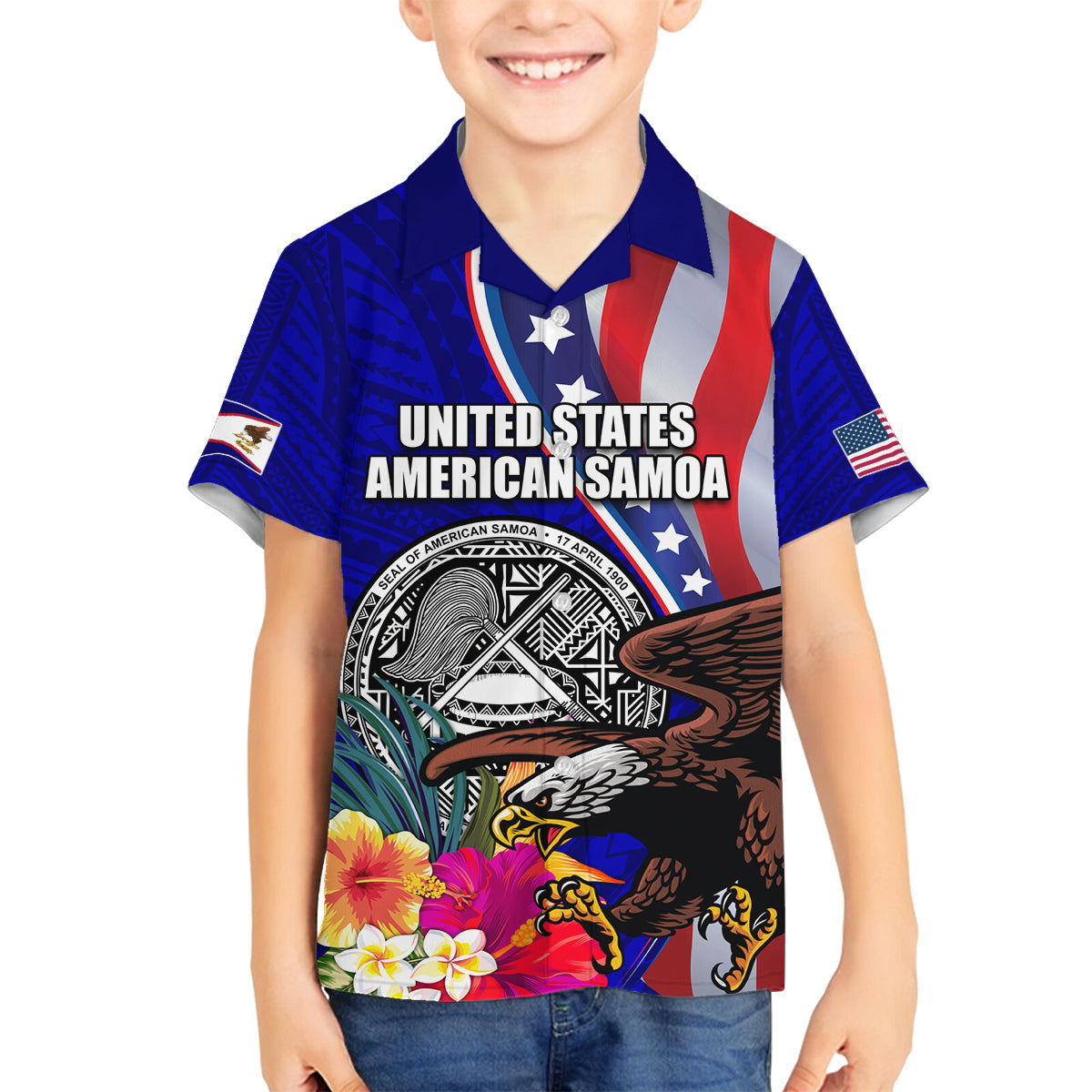 Personalised American Samoa and United States Family Matching Off The Shoulder Long Sleeve Dress and Hawaiian Shirt Bald Eagle and Seal Hibiscus Polynesian Pattern - Wonder Print Shop