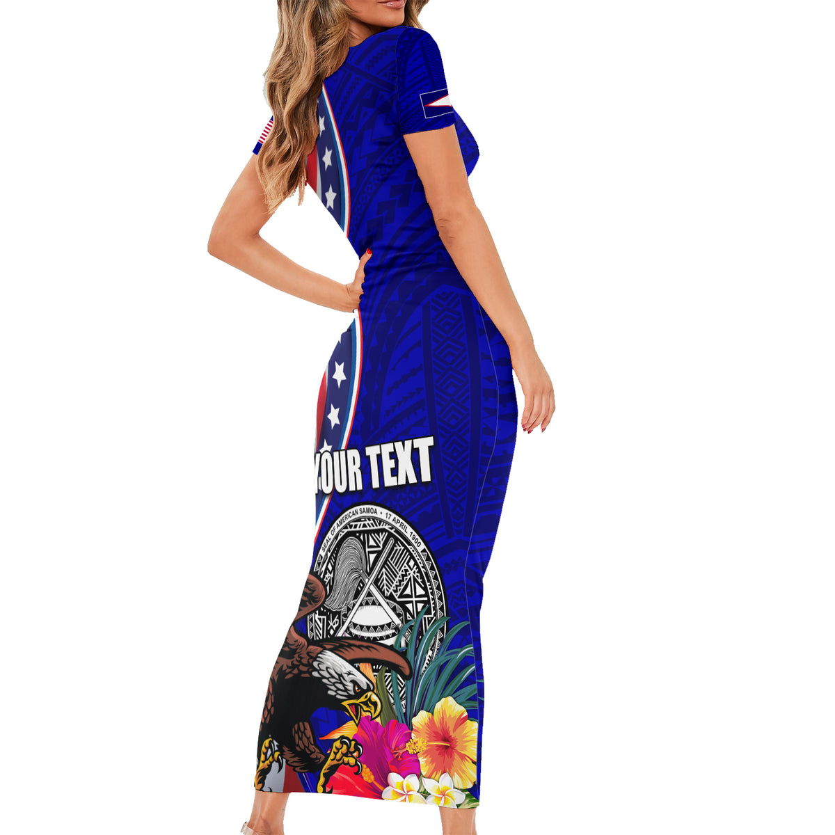 Personalised American Samoa and United States Family Matching Short Sleeve Bodycon Dress and Hawaiian Shirt Bald Eagle and Seal Hibiscus Polynesian Pattern - Wonder Print Shop