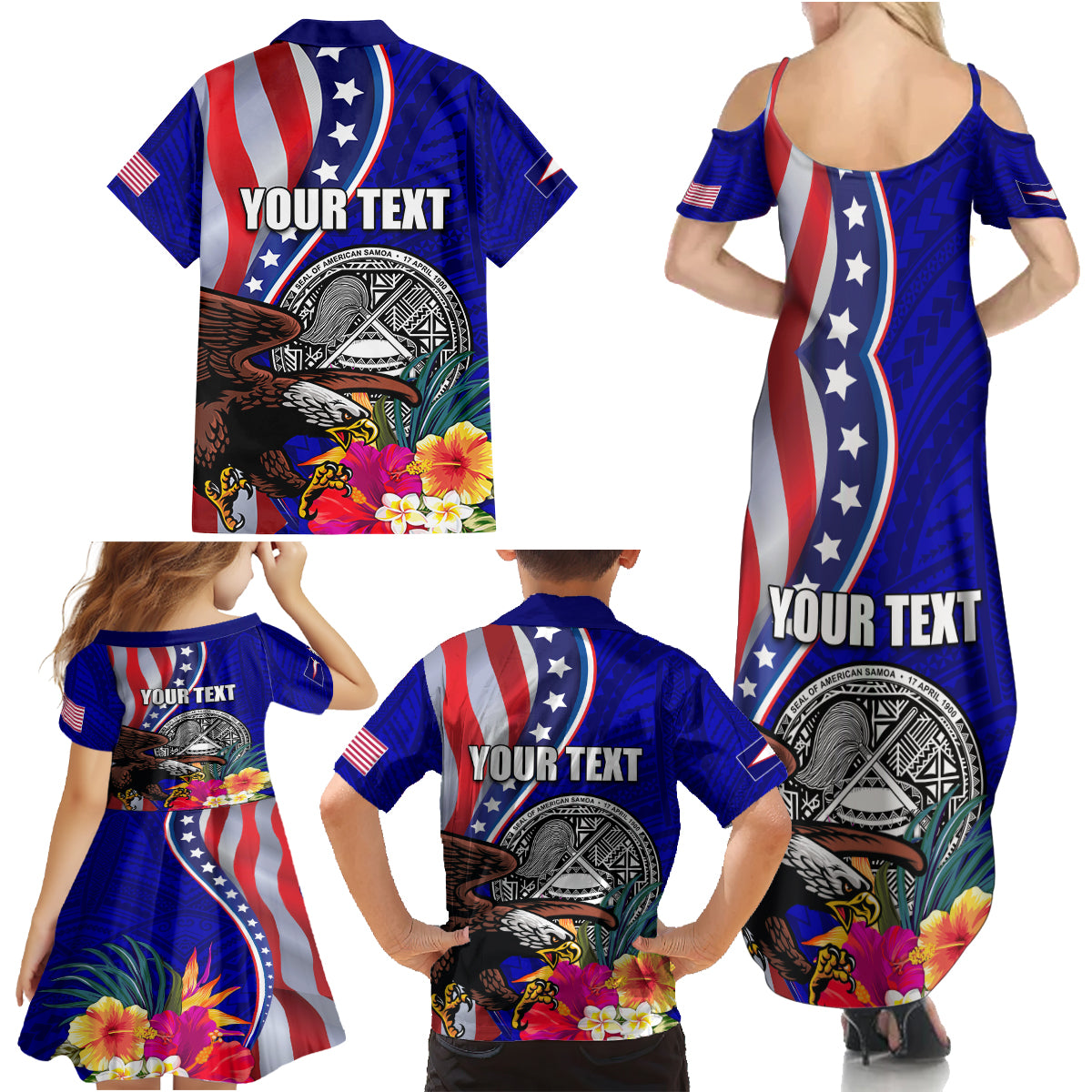 Personalised American Samoa and United States Family Matching Summer Maxi Dress and Hawaiian Shirt Bald Eagle and Seal Hibiscus Polynesian Pattern - Wonder Print Shop