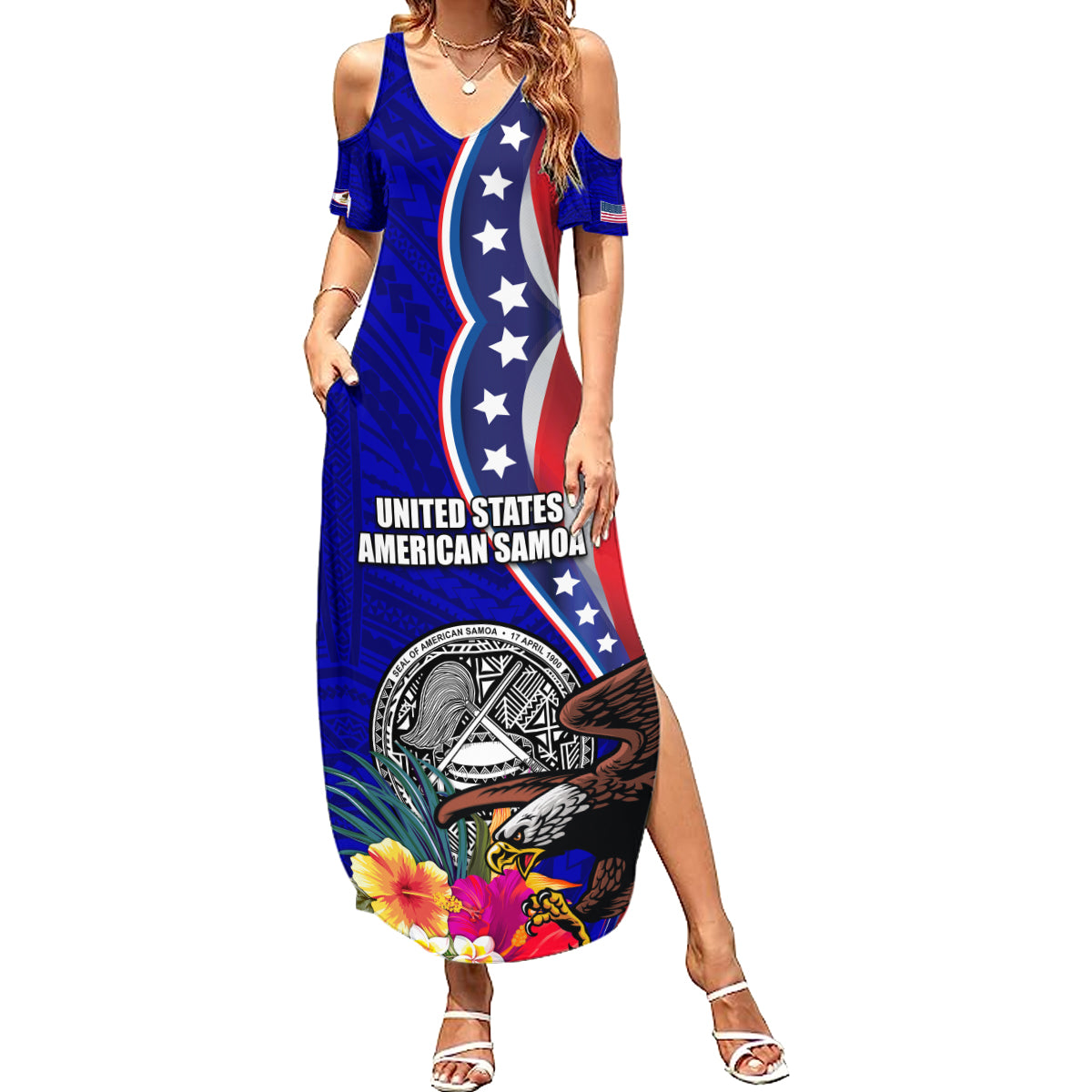 Personalised American Samoa and United States Family Matching Summer Maxi Dress and Hawaiian Shirt Bald Eagle and Seal Hibiscus Polynesian Pattern - Wonder Print Shop