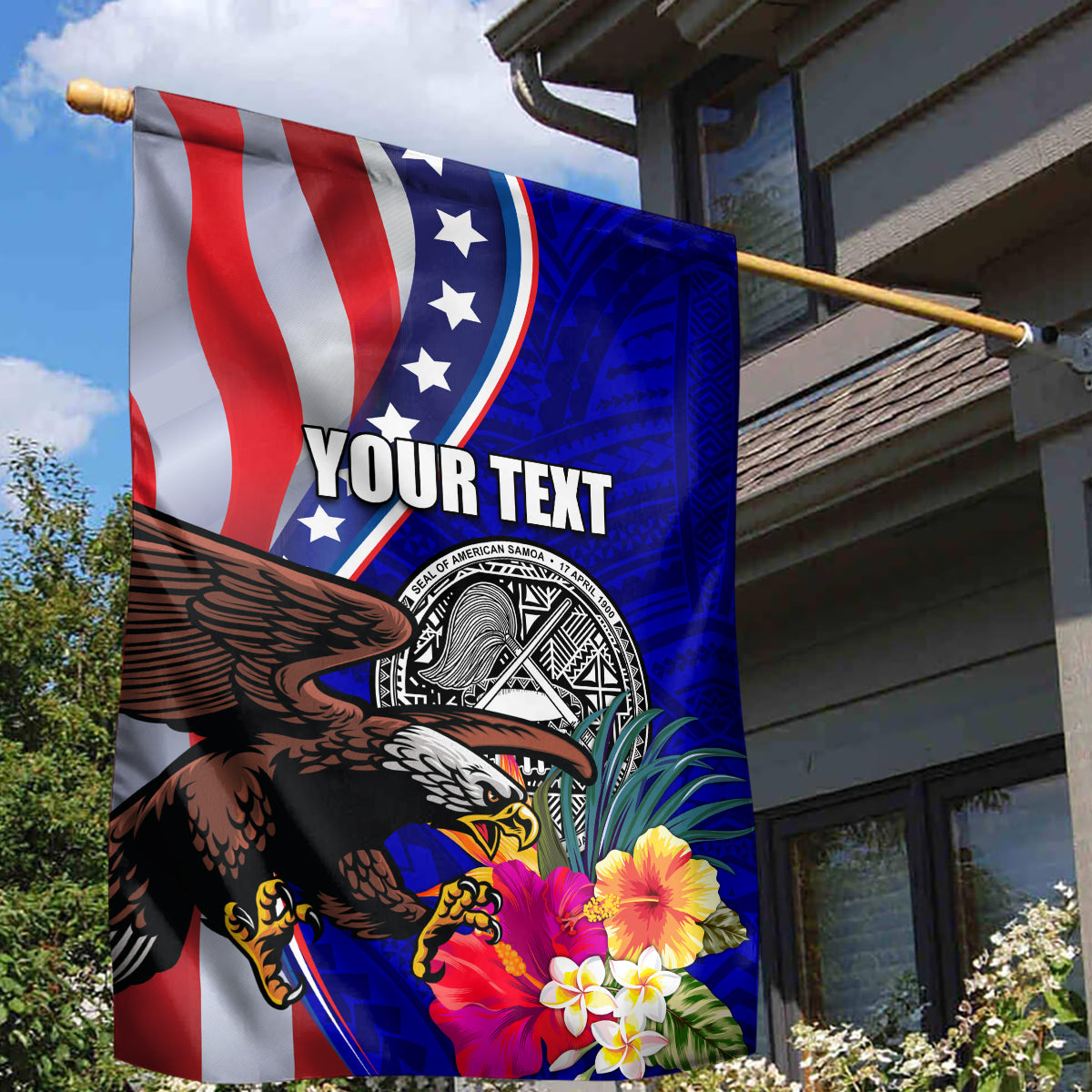Personalised American Samoa and United States Garden Flag Bald Eagle and Seal Hibiscus Polynesian Pattern - Wonder Print Shop