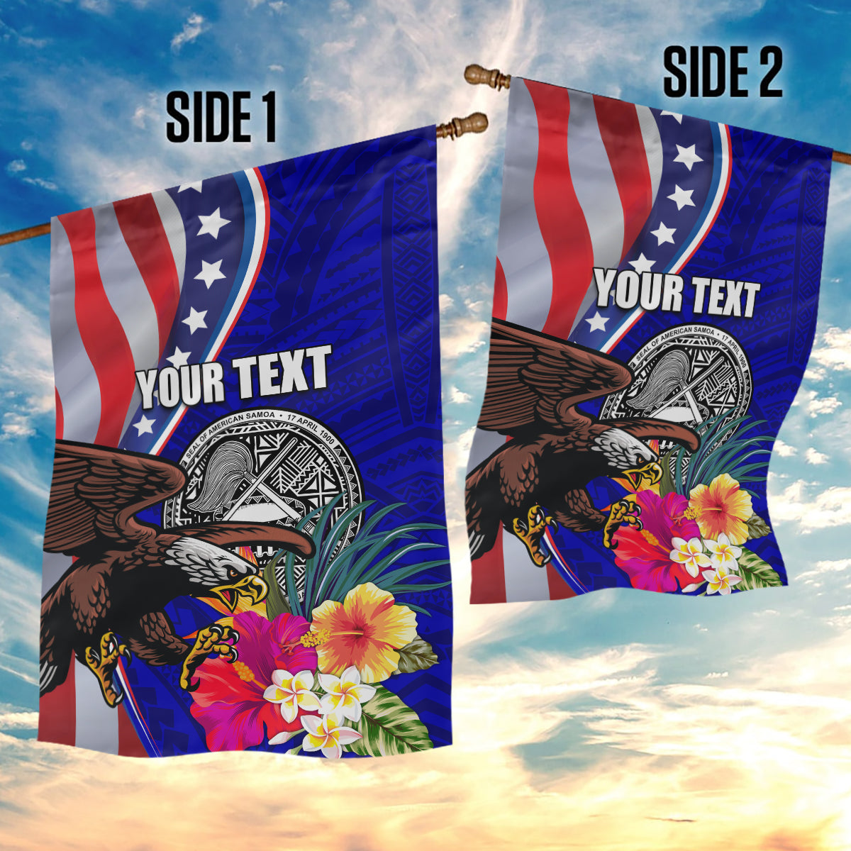Personalised American Samoa and United States Garden Flag Bald Eagle and Seal Hibiscus Polynesian Pattern - Wonder Print Shop