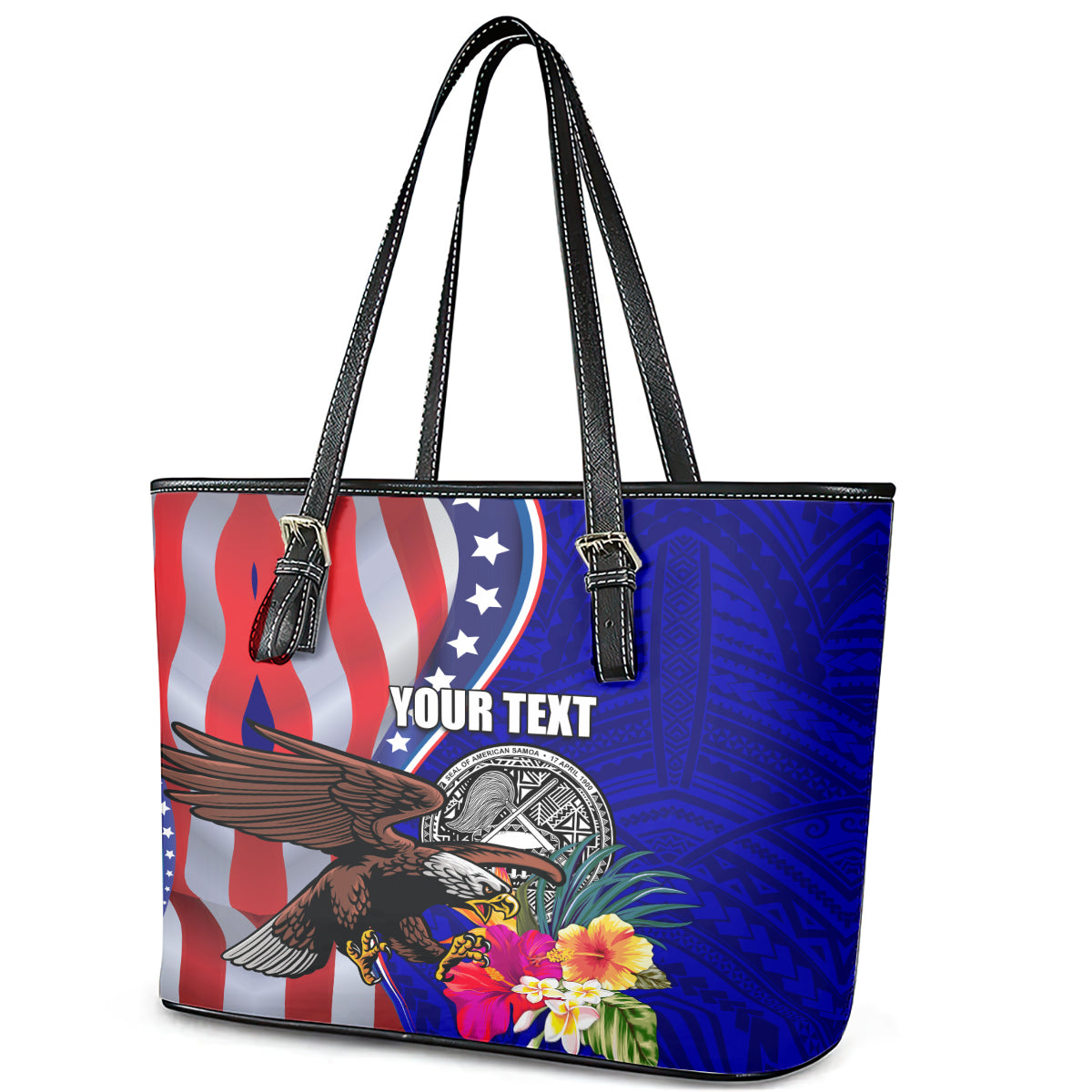 Personalised American Samoa and United States Leather Tote Bag Bald Eagle and Seal Hibiscus Polynesian Pattern - Wonder Print Shop