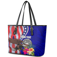 Personalised American Samoa and United States Leather Tote Bag Bald Eagle and Seal Hibiscus Polynesian Pattern - Wonder Print Shop