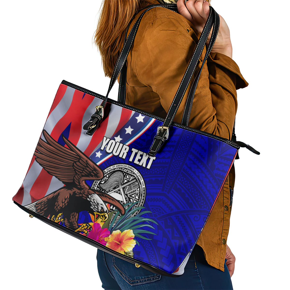 Personalised American Samoa and United States Leather Tote Bag Bald Eagle and Seal Hibiscus Polynesian Pattern - Wonder Print Shop