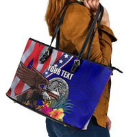 Personalised American Samoa and United States Leather Tote Bag Bald Eagle and Seal Hibiscus Polynesian Pattern - Wonder Print Shop