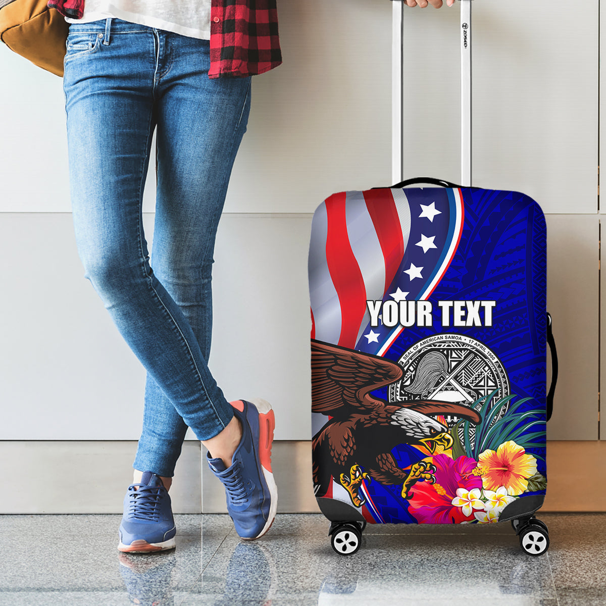 Personalised American Samoa and United States Luggage Cover Bald Eagle and Seal Hibiscus Polynesian Pattern - Wonder Print Shop