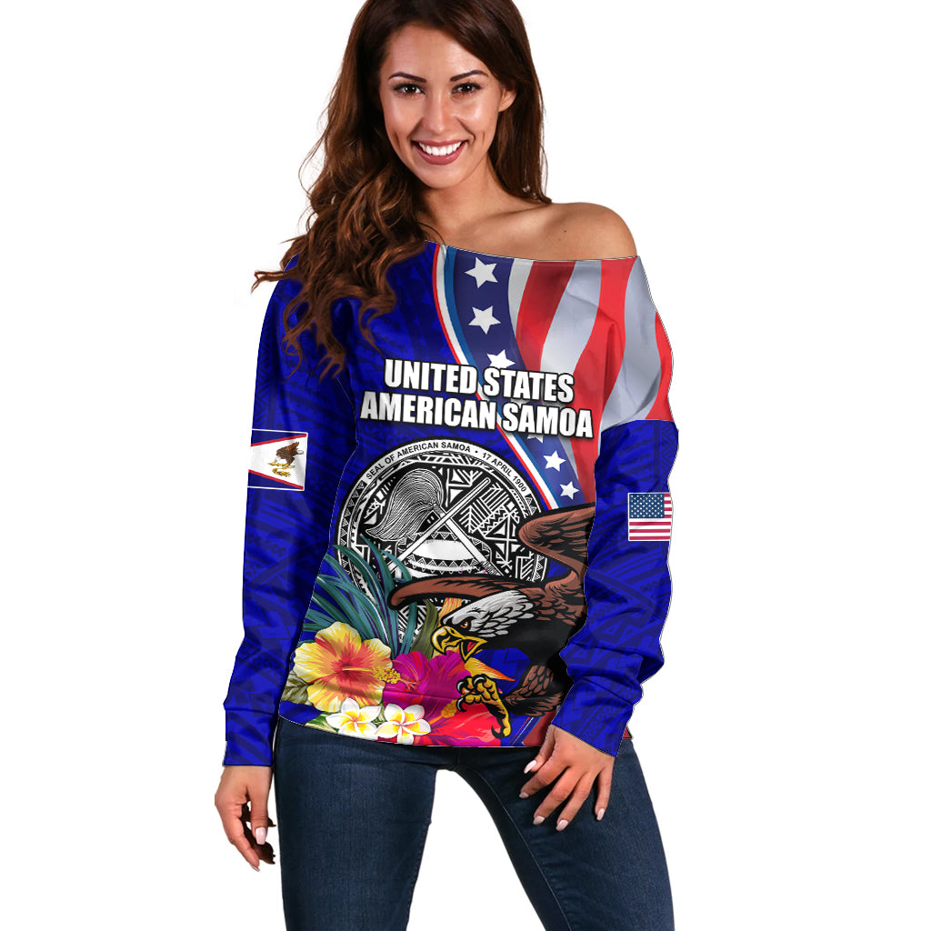 Personalised American Samoa and United States Off Shoulder Sweater Bald Eagle and Seal Hibiscus Polynesian Pattern
