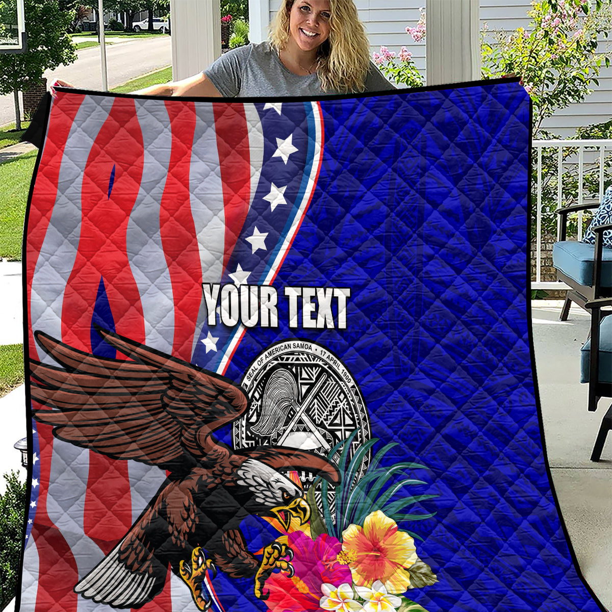 Personalised American Samoa and United States Quilt Bald Eagle and Seal Hibiscus Polynesian Pattern - Wonder Print Shop