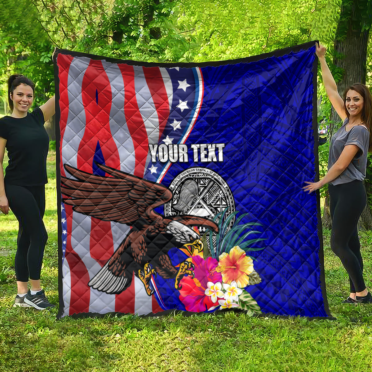 Personalised American Samoa and United States Quilt Bald Eagle and Seal Hibiscus Polynesian Pattern - Wonder Print Shop