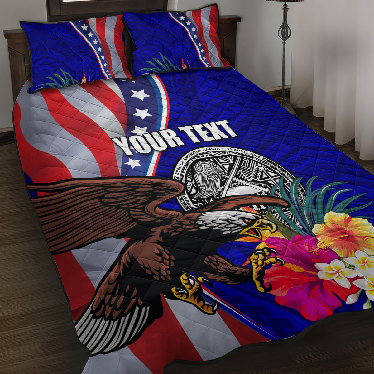Personalised American Samoa and United States Quilt Bed Set Bald Eagle and Seal Hibiscus Polynesian Pattern - Wonder Print Shop