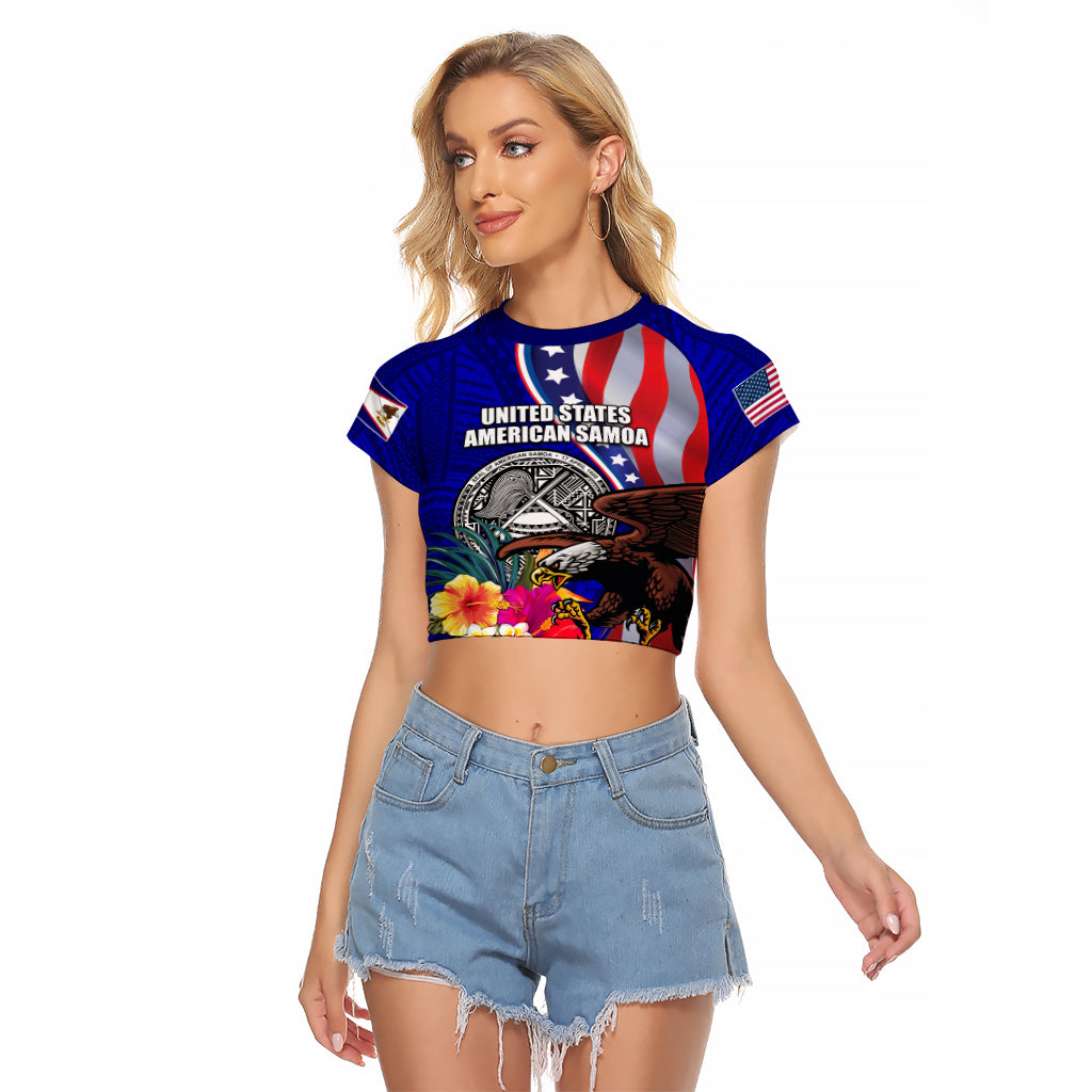 Personalised American Samoa and United States Raglan Cropped T Shirt Bald Eagle and Seal Hibiscus Polynesian Pattern - Wonder Print Shop