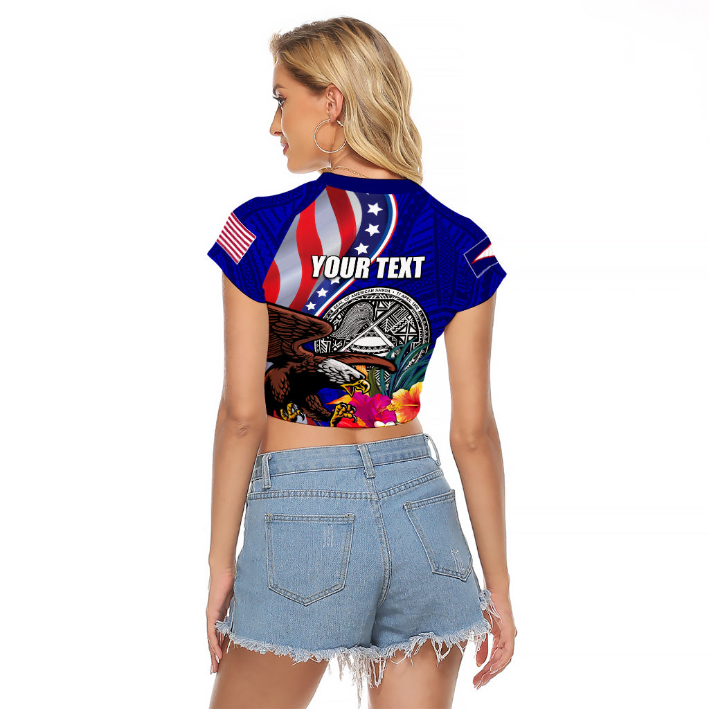 Personalised American Samoa and United States Raglan Cropped T Shirt Bald Eagle and Seal Hibiscus Polynesian Pattern - Wonder Print Shop