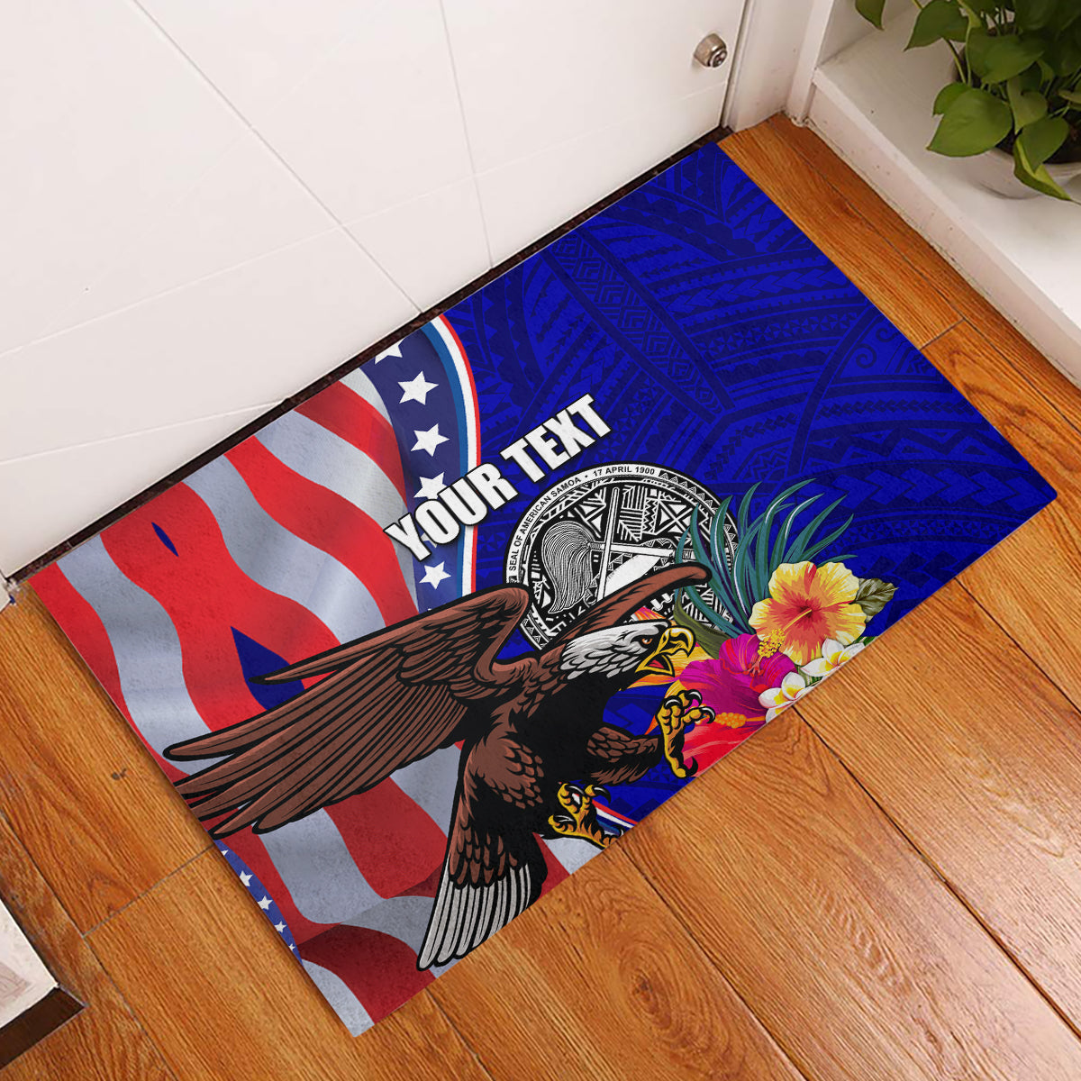Personalised American Samoa and United States Rubber Doormat Bald Eagle and Seal Hibiscus Polynesian Pattern - Wonder Print Shop