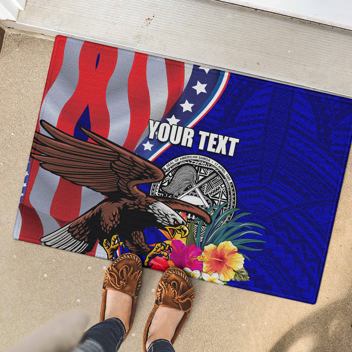 Personalised American Samoa and United States Rubber Doormat Bald Eagle and Seal Hibiscus Polynesian Pattern - Wonder Print Shop