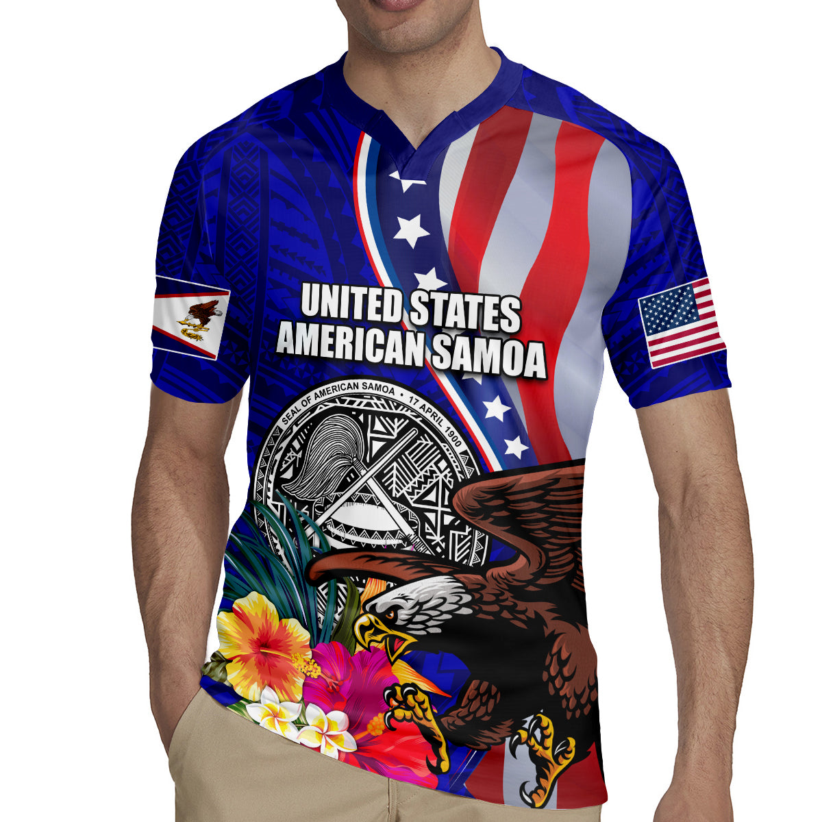Personalised American Samoa and United States Rugby Jersey Bald Eagle and Seal Hibiscus Polynesian Pattern - Wonder Print Shop