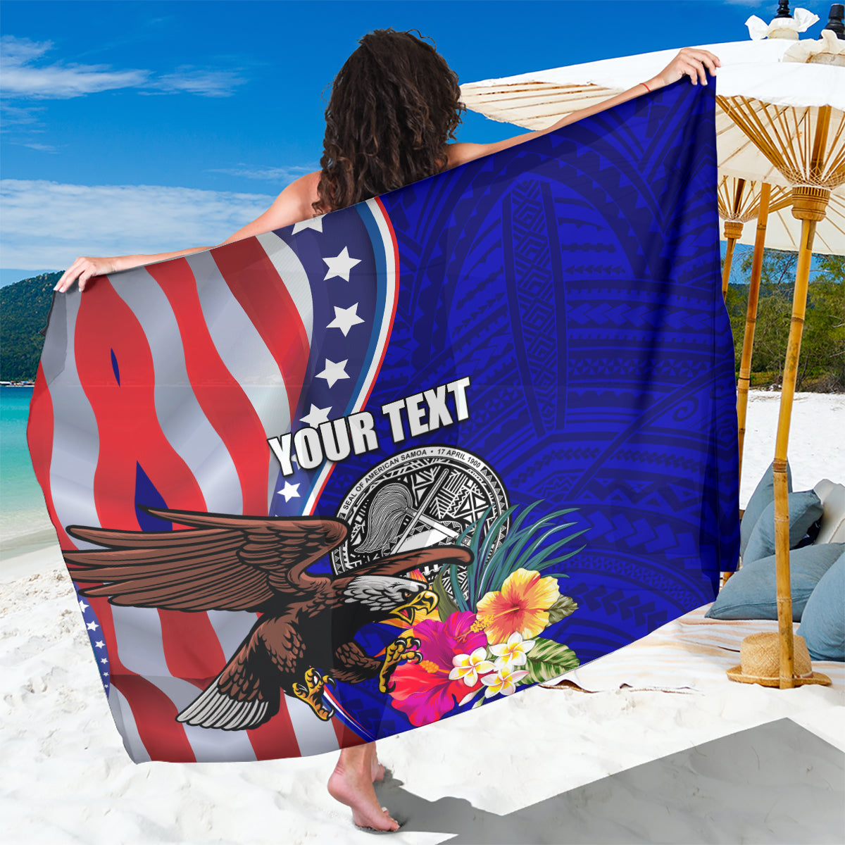 Personalised American Samoa and United States Sarong Bald Eagle and Seal Hibiscus Polynesian Pattern - Wonder Print Shop
