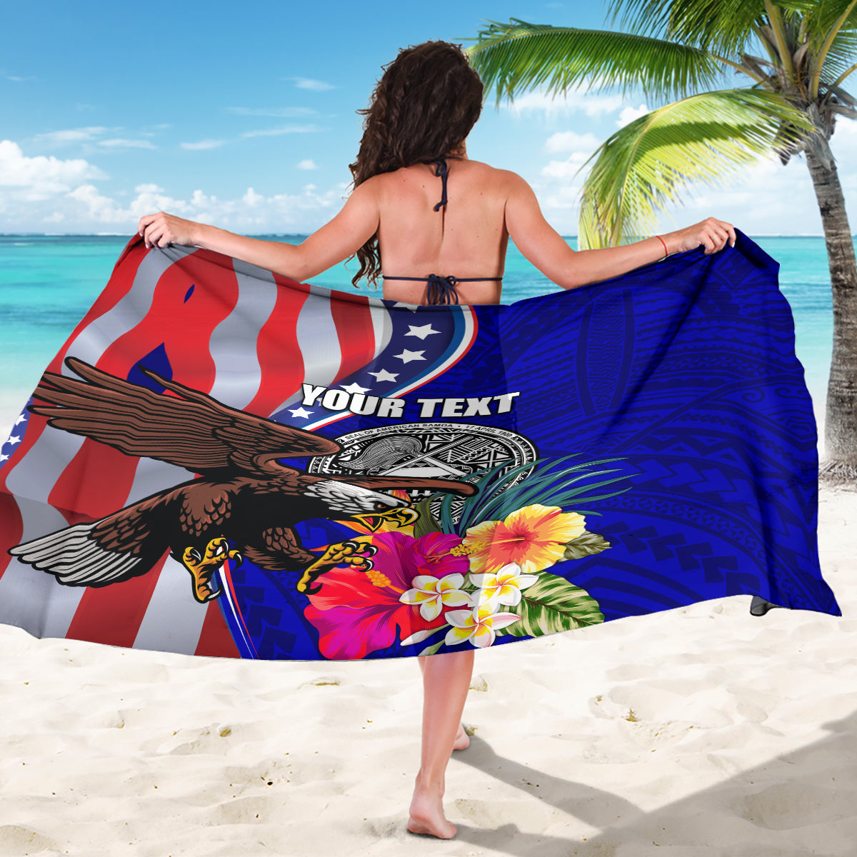Personalised American Samoa and United States Sarong Bald Eagle and Seal Hibiscus Polynesian Pattern - Wonder Print Shop