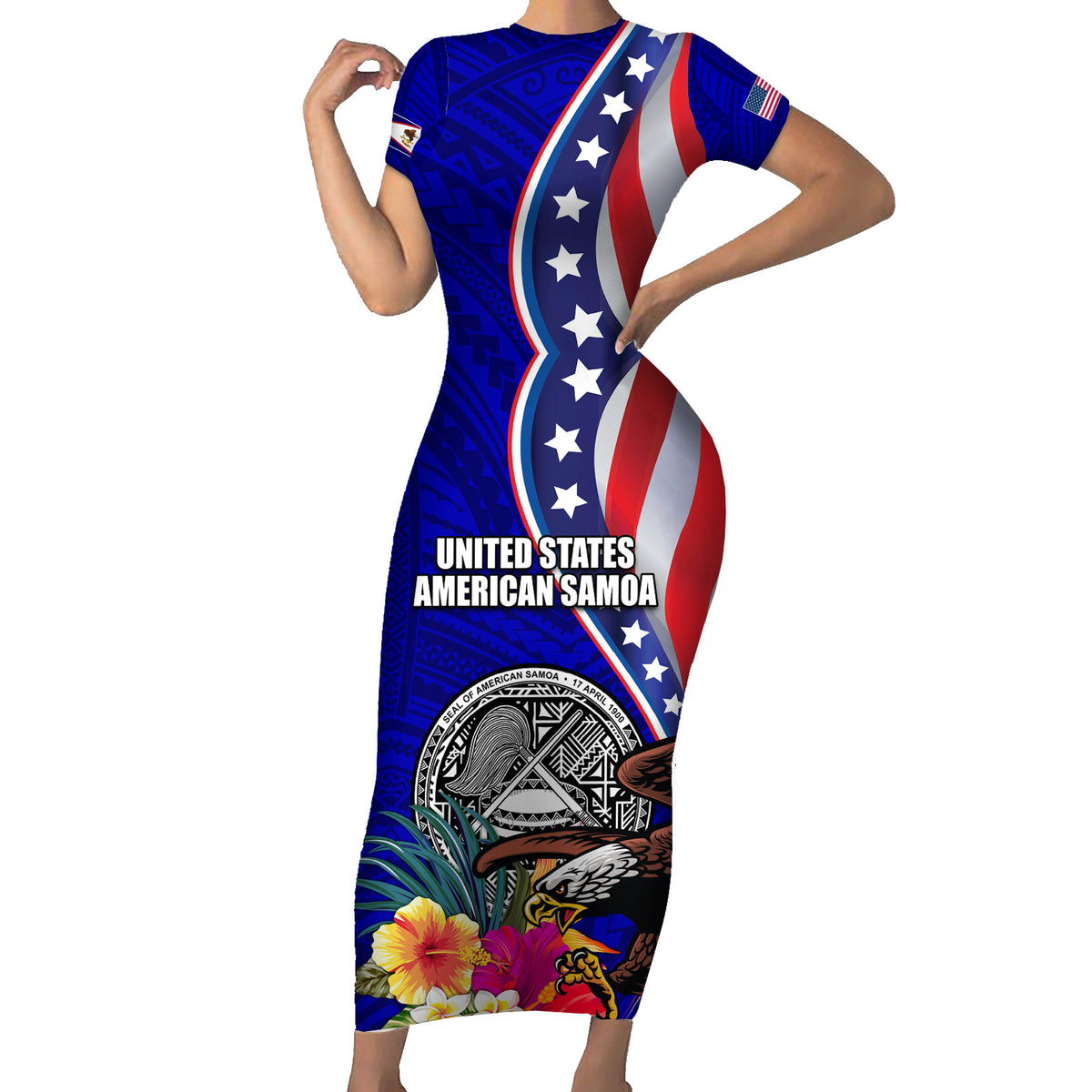 Personalised American Samoa and United States Short Sleeve Bodycon Dress Bald Eagle and Seal Hibiscus Polynesian Pattern - Wonder Print Shop