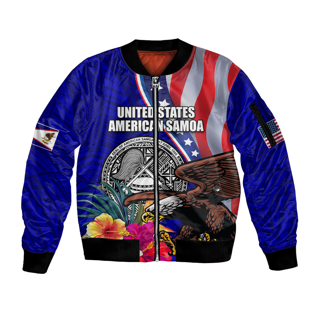 Personalised American Samoa and United States Sleeve Zip Bomber Jacket Bald Eagle and Seal Hibiscus Polynesian Pattern - Wonder Print Shop