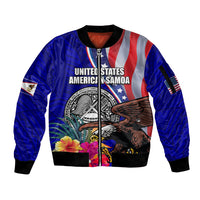 Personalised American Samoa and United States Sleeve Zip Bomber Jacket Bald Eagle and Seal Hibiscus Polynesian Pattern - Wonder Print Shop