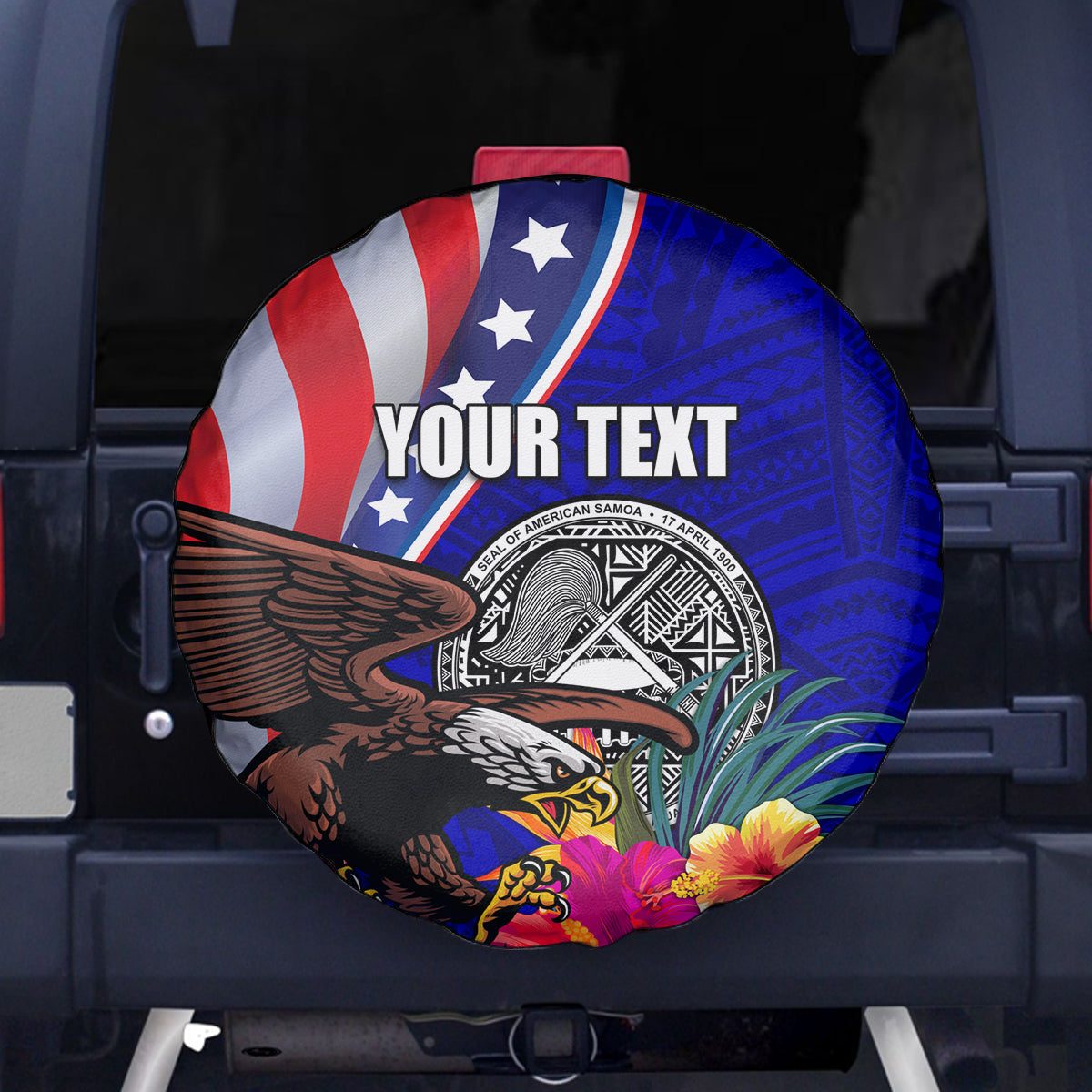 Personalised American Samoa and United States Spare Tire Cover Bald Eagle and Seal Hibiscus Polynesian Pattern - Wonder Print Shop