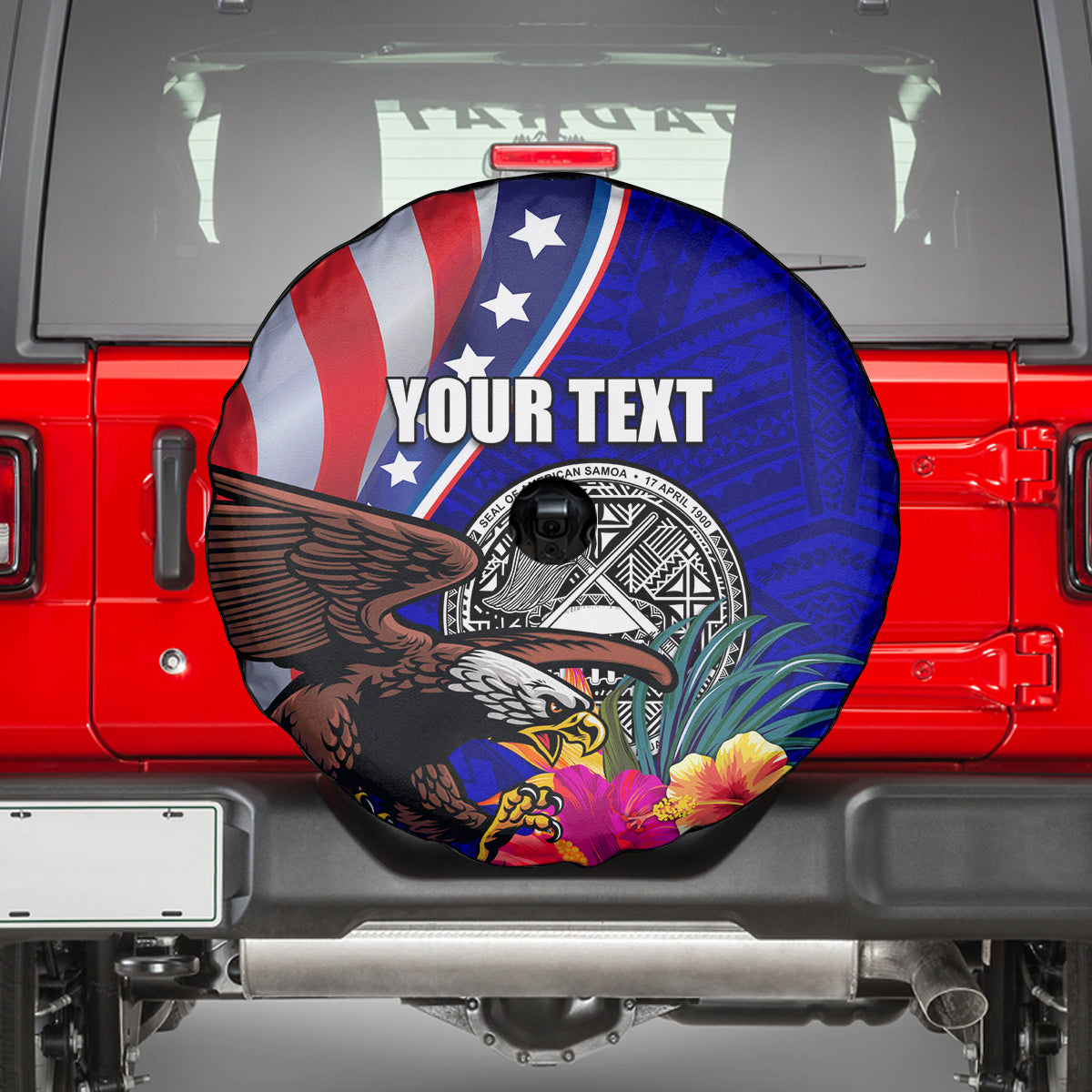 Personalised American Samoa and United States Spare Tire Cover Bald Eagle and Seal Hibiscus Polynesian Pattern - Wonder Print Shop