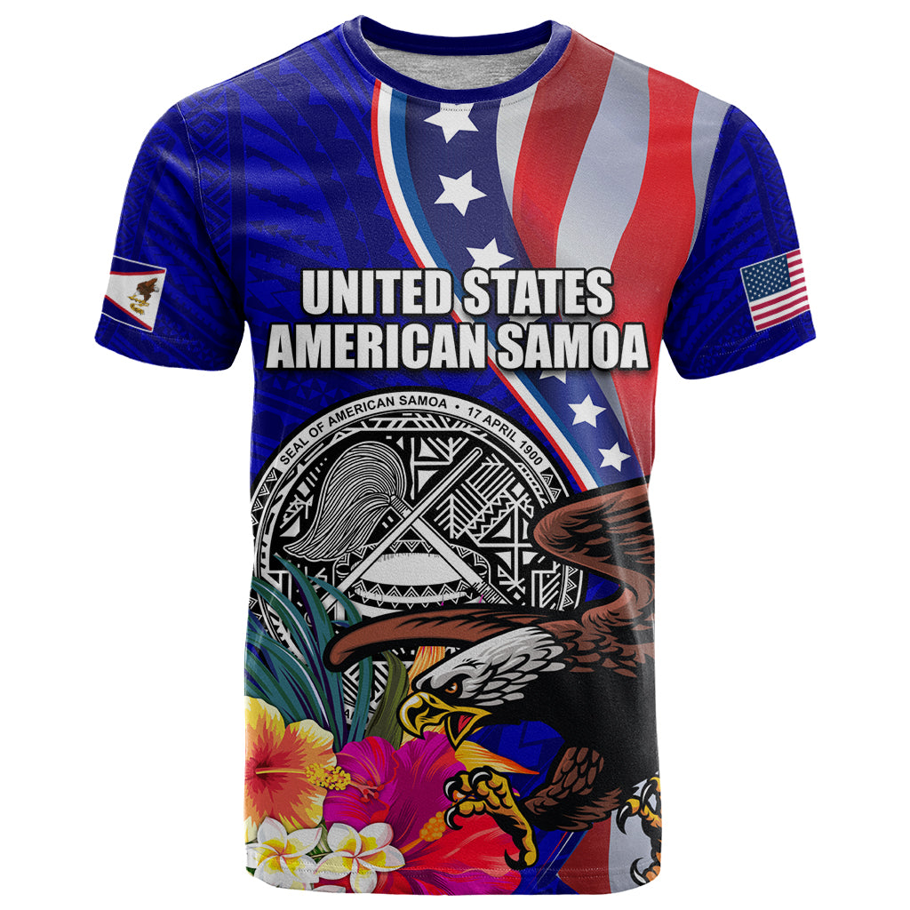 Personalised American Samoa and United States T Shirt Bald Eagle and Seal Hibiscus Polynesian Pattern - Wonder Print Shop