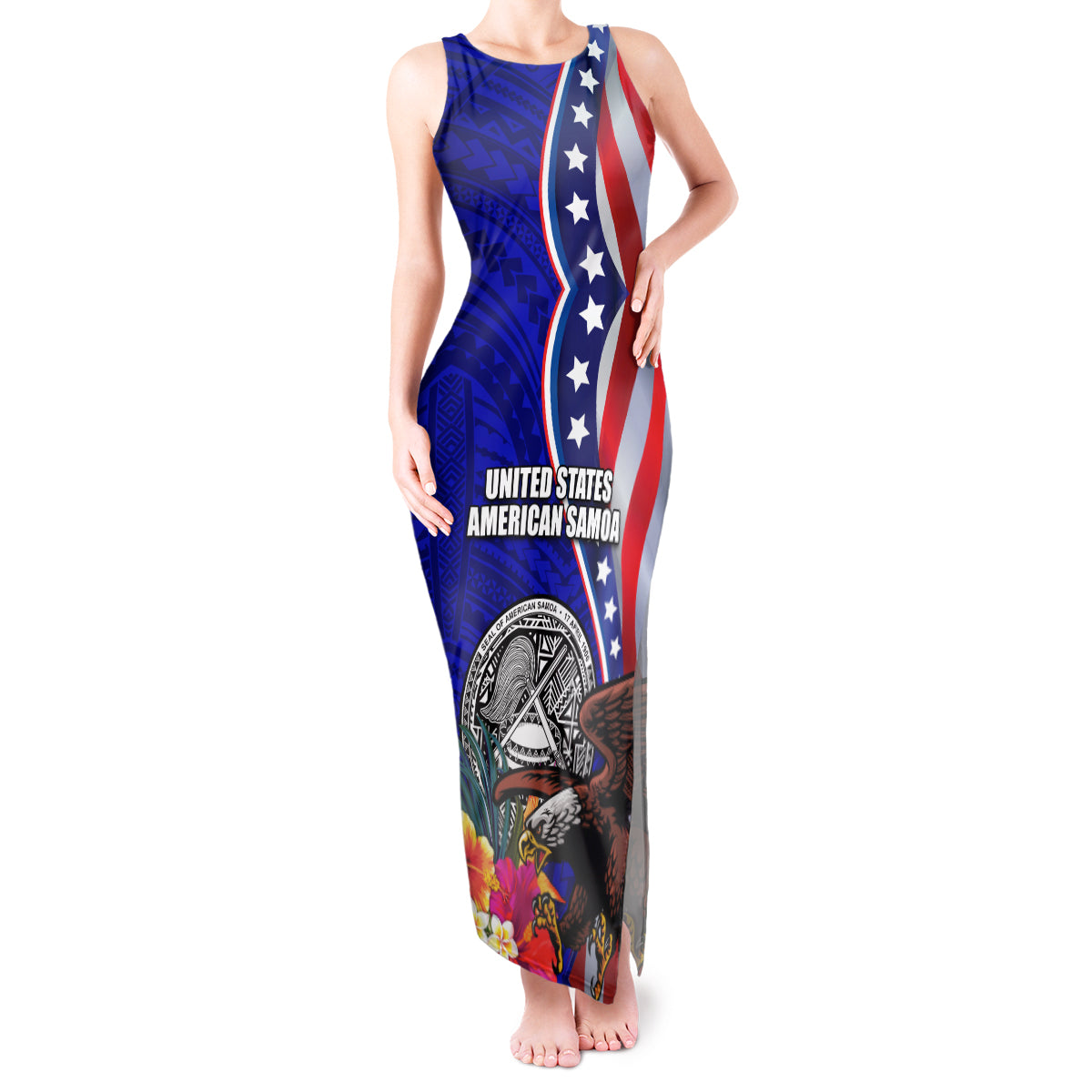 Personalised American Samoa and United States Tank Maxi Dress Bald Eagle and Seal Hibiscus Polynesian Pattern - Wonder Print Shop