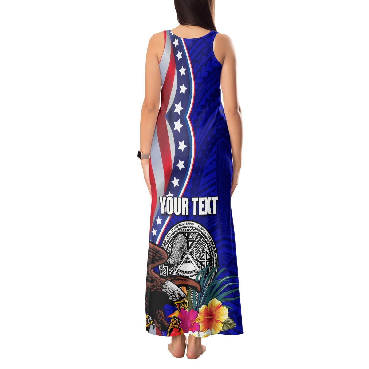 Personalised American Samoa and United States Tank Maxi Dress Bald Eagle and Seal Hibiscus Polynesian Pattern - Wonder Print Shop