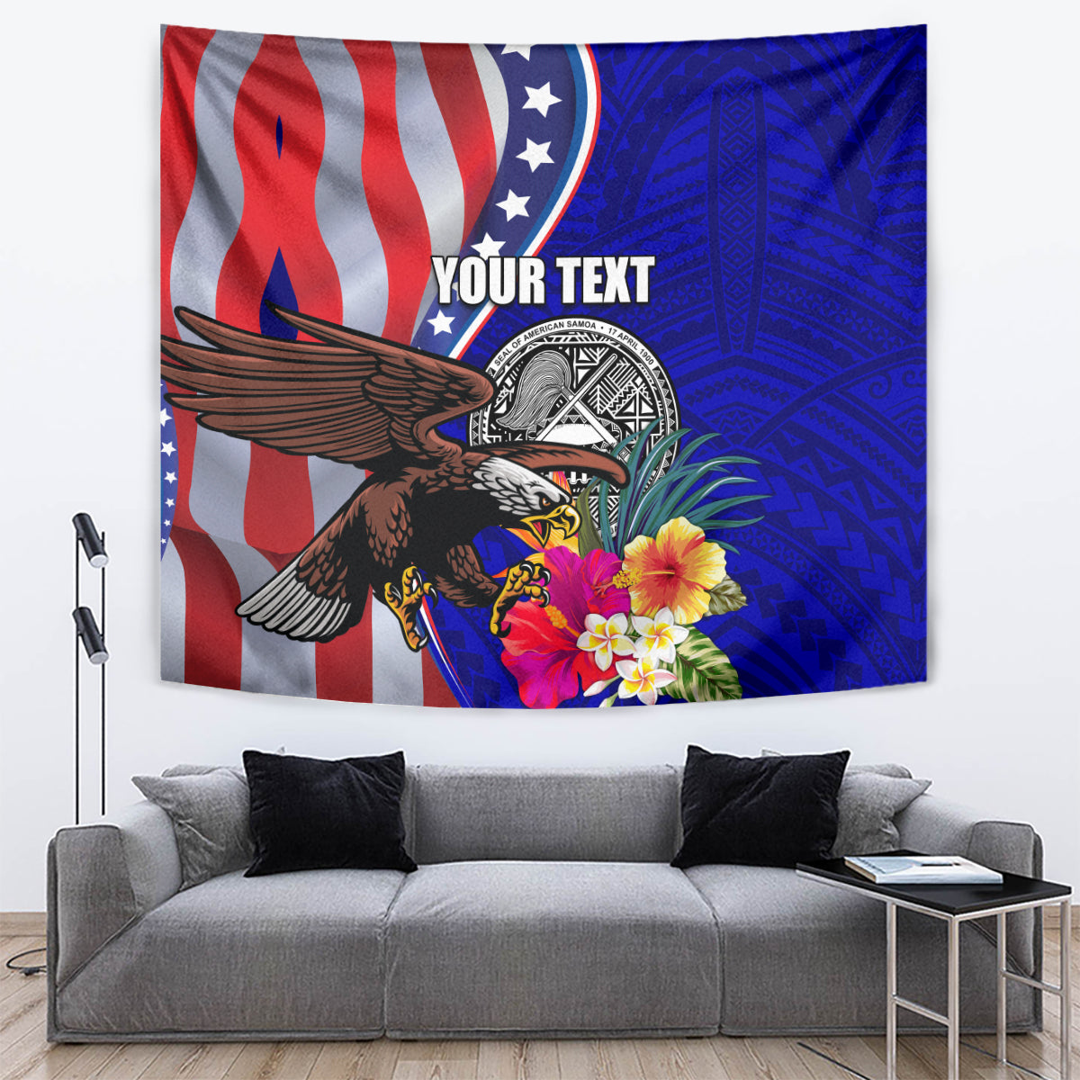 Personalised American Samoa and United States Tapestry Bald Eagle and Seal Hibiscus Polynesian Pattern - Wonder Print Shop