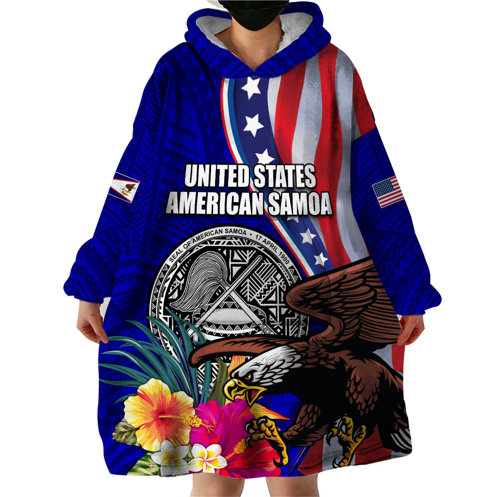 Personalised American Samoa and United States Wearable Blanket Hoodie Bald Eagle and Seal Hibiscus Polynesian Pattern - Wonder Print Shop