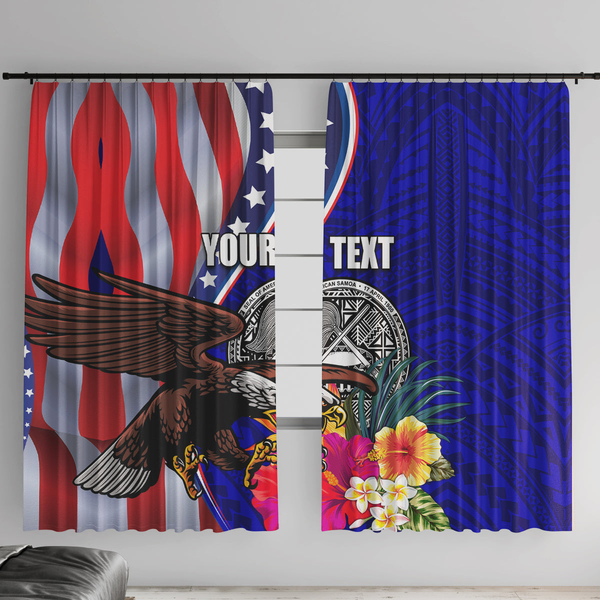 Personalised American Samoa and United States Window Curtain Bald Eagle and Seal Hibiscus Polynesian Pattern - Wonder Print Shop
