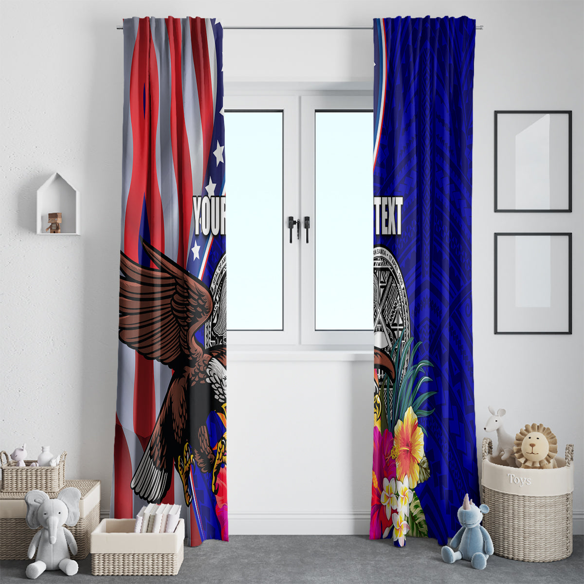 Personalised American Samoa and United States Window Curtain Bald Eagle and Seal Hibiscus Polynesian Pattern - Wonder Print Shop