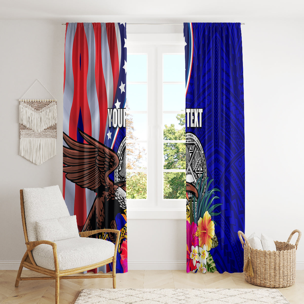Personalised American Samoa and United States Window Curtain Bald Eagle and Seal Hibiscus Polynesian Pattern - Wonder Print Shop