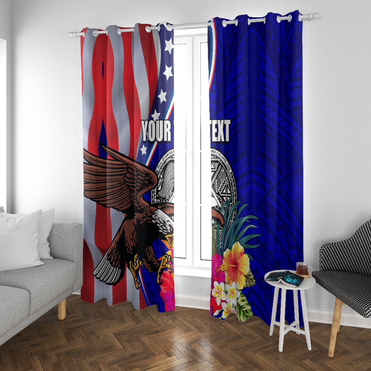 Personalised American Samoa and United States Window Curtain Bald Eagle and Seal Hibiscus Polynesian Pattern - Wonder Print Shop