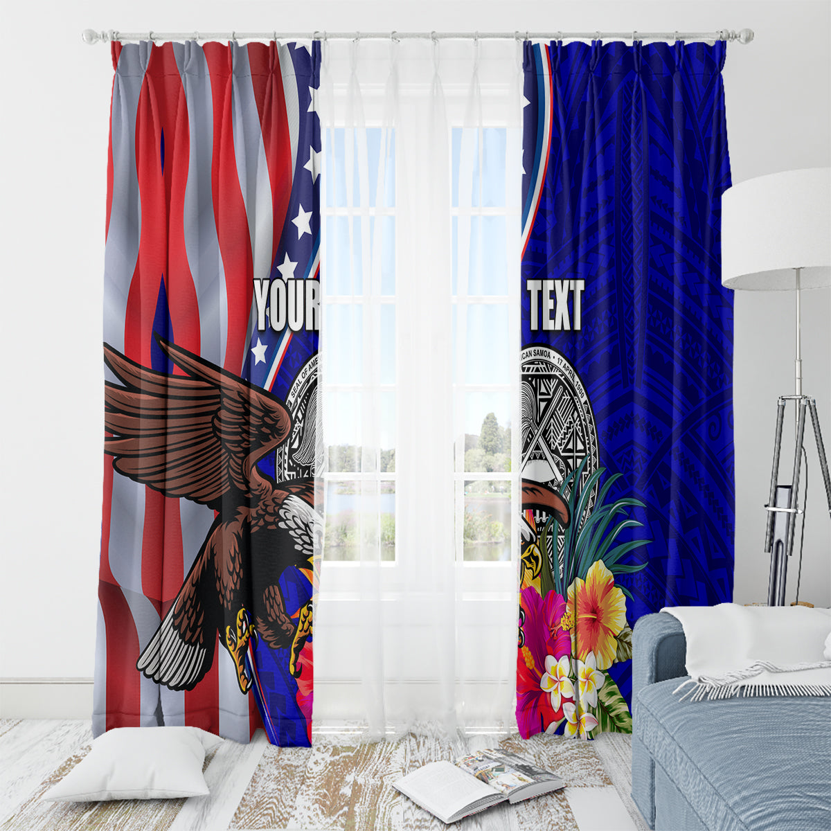 Personalised American Samoa and United States Window Curtain Bald Eagle and Seal Hibiscus Polynesian Pattern - Wonder Print Shop