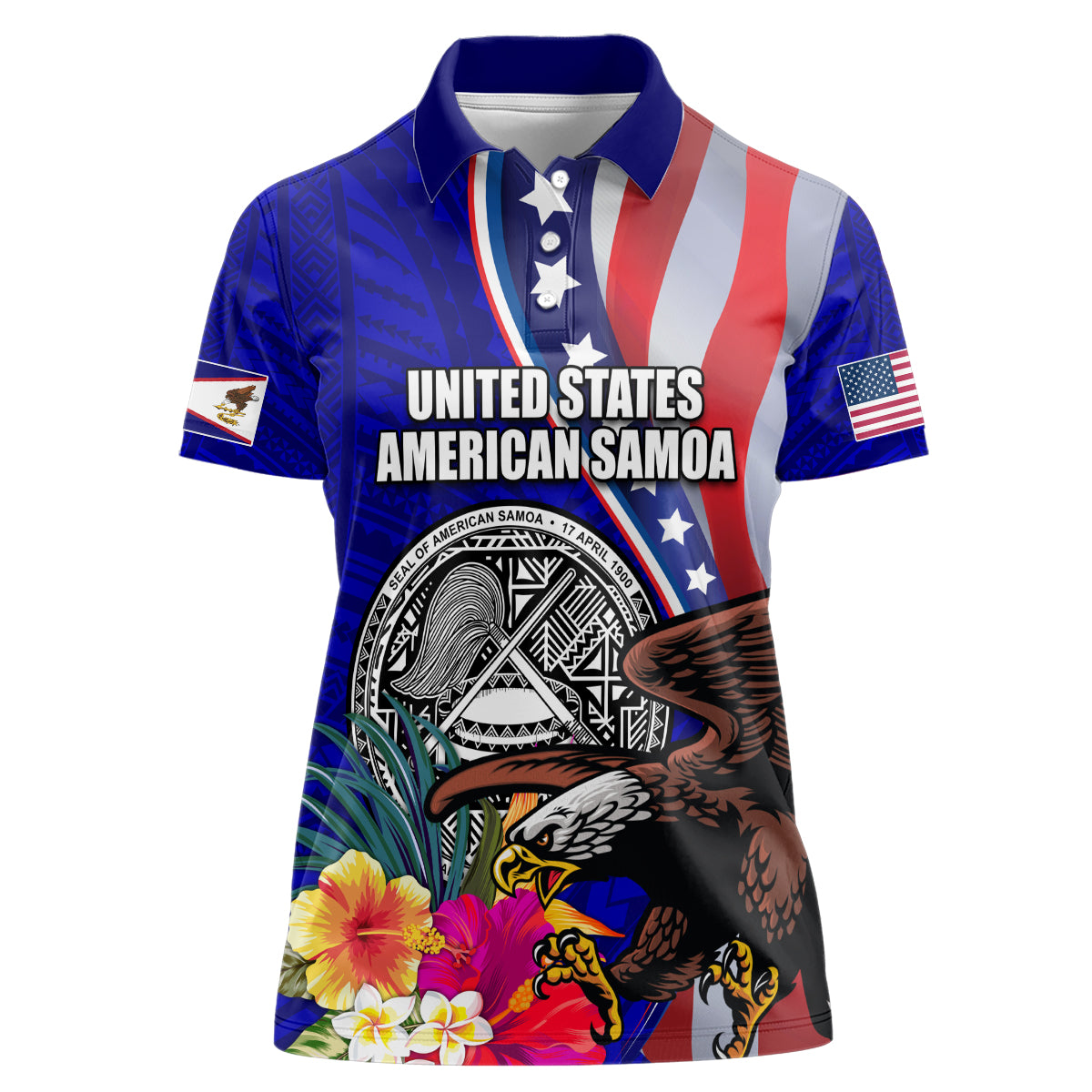 Personalised American Samoa and United States Women Polo Shirt Bald Eagle and Seal Hibiscus Polynesian Pattern - Wonder Print Shop