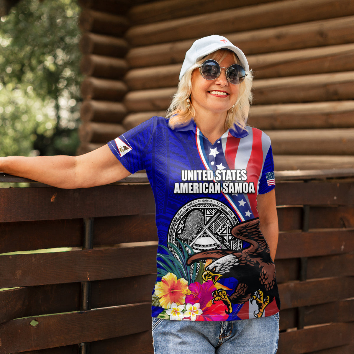 Personalised American Samoa and United States Women Polo Shirt Bald Eagle and Seal Hibiscus Polynesian Pattern - Wonder Print Shop