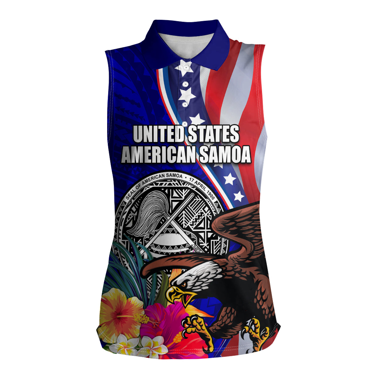 Personalised American Samoa and United States Women Sleeveless Polo Shirt Bald Eagle and Seal Hibiscus Polynesian Pattern - Wonder Print Shop