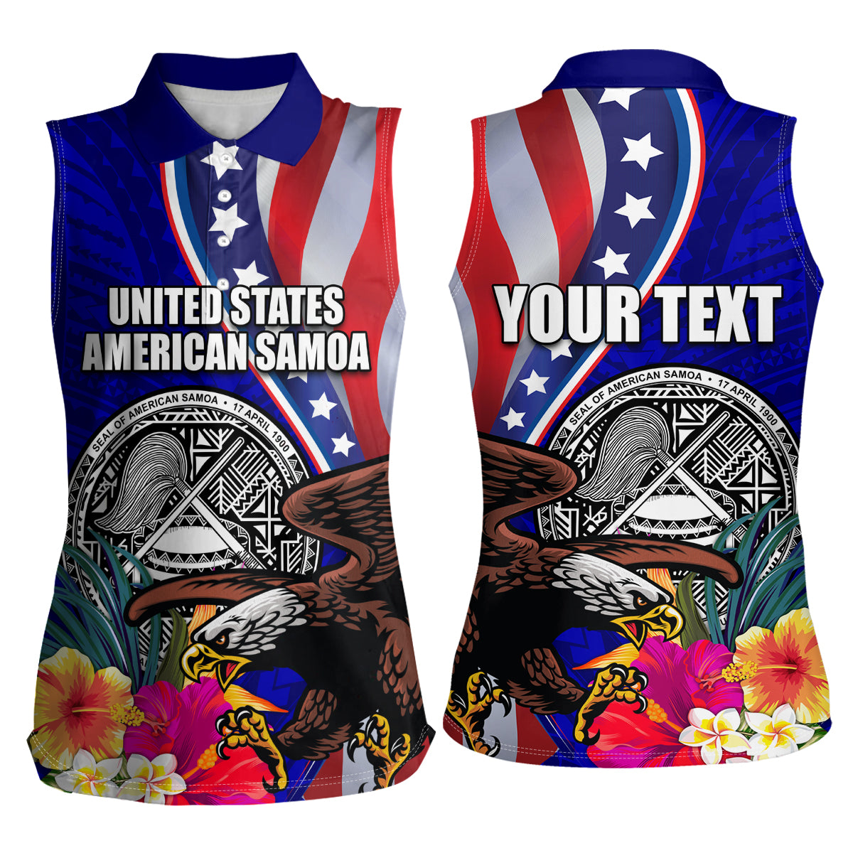 Personalised American Samoa and United States Women Sleeveless Polo Shirt Bald Eagle and Seal Hibiscus Polynesian Pattern - Wonder Print Shop