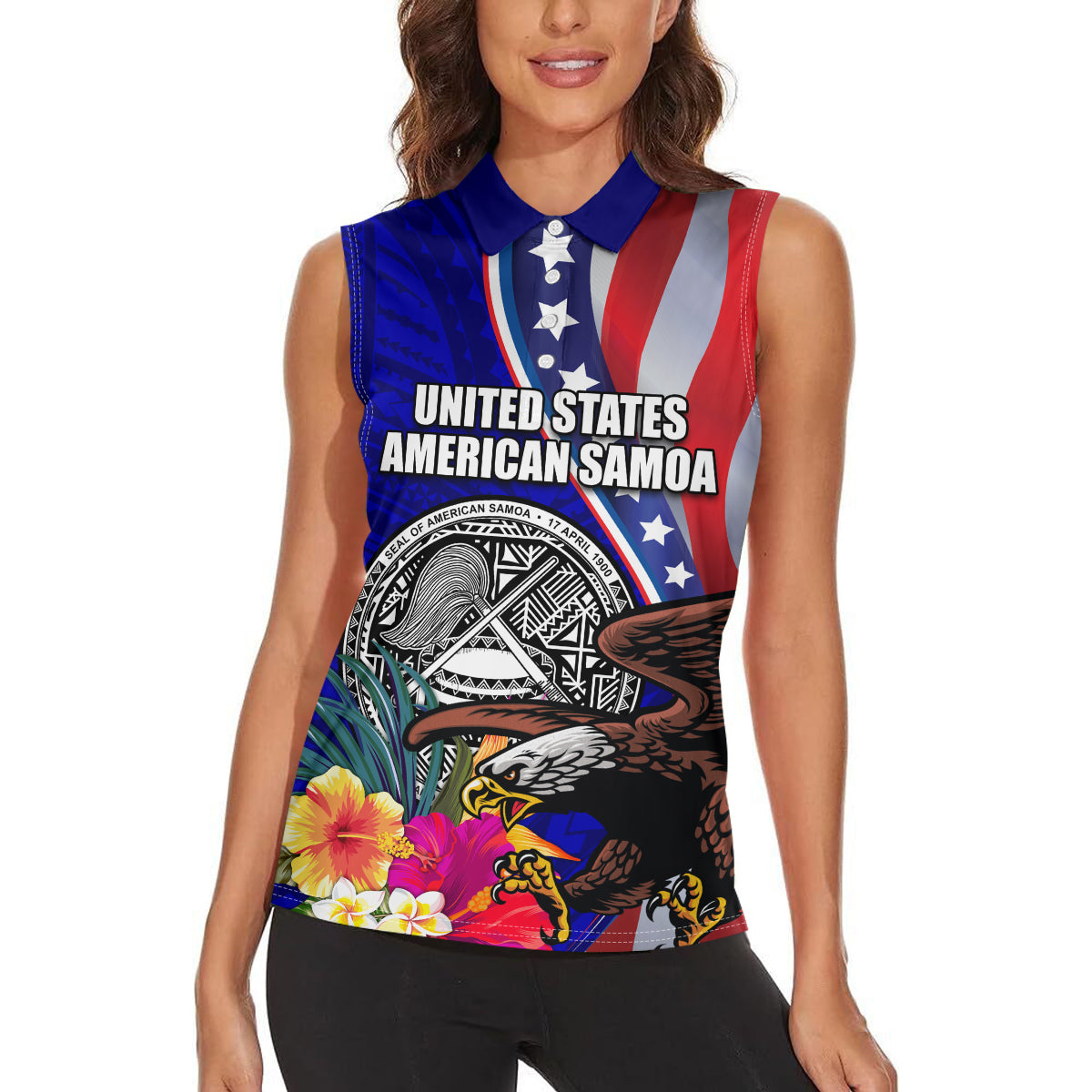 Personalised American Samoa and United States Women Sleeveless Polo Shirt Bald Eagle and Seal Hibiscus Polynesian Pattern - Wonder Print Shop