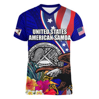Personalised American Samoa and United States Women V-Neck T-Shirt Bald Eagle and Seal Hibiscus Polynesian Pattern - Wonder Print Shop