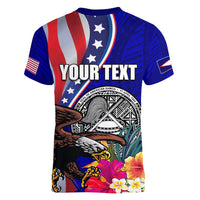 Personalised American Samoa and United States Women V-Neck T-Shirt Bald Eagle and Seal Hibiscus Polynesian Pattern - Wonder Print Shop