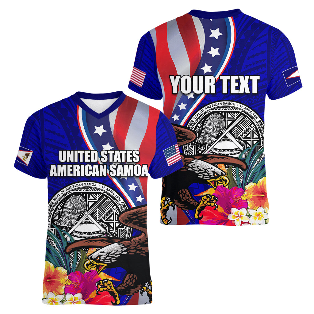 Personalised American Samoa and United States Women V-Neck T-Shirt Bald Eagle and Seal Hibiscus Polynesian Pattern - Wonder Print Shop